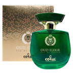 Green perfume bottle labeled 'Oud Elixir' by Coral Perfumes with a matching box in the background.