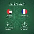 Promotional graphic with icons and text about product claims on a green patterned background