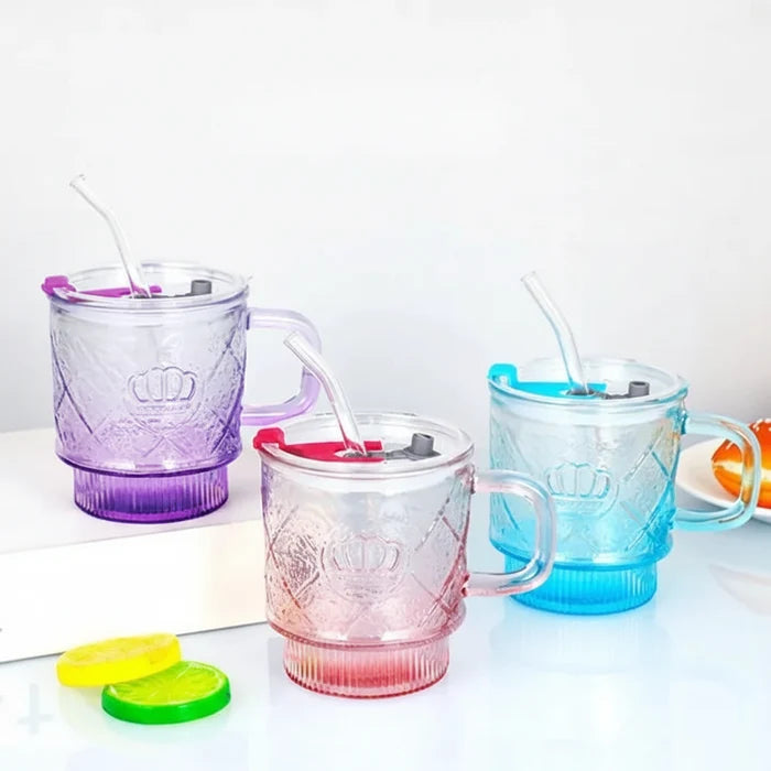 crown glass mug with lid and glass straw premium crystal drink cup