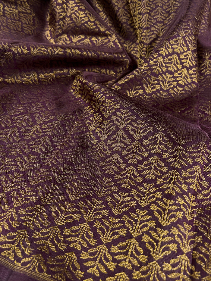 Deep Mauve Floral Kanchipuram Silk Fabric