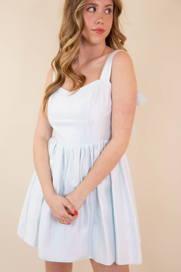 Metallic Baby Blue Mini Dress- Women's Bow Back Dress- Blue Dress With Bows For Women