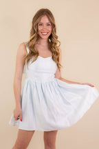 Metallic Baby Blue Mini Dress- Women's Bow Back Dress- Blue Dress With Bows For Women