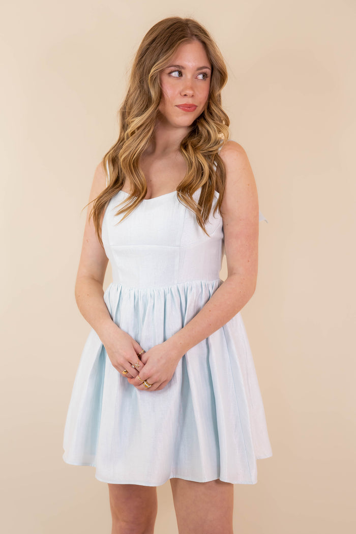 Metallic Baby Blue Mini Dress- Women's Bow Back Dress- Blue Dress With Bows For Women
