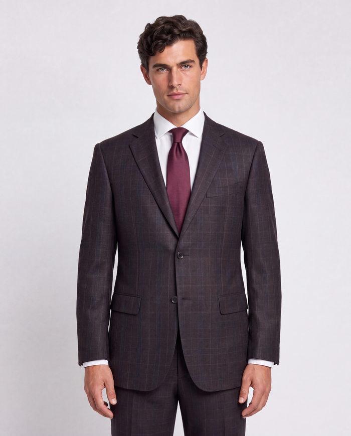 Emanuel Ungaro Espresso Brown with Teal Windowpane Classic Fit Wool 2-Button Sport Coat 42R