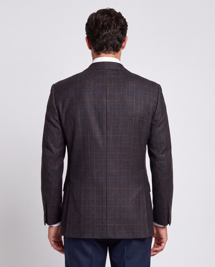 Emanuel Ungaro Espresso Brown with Teal Windowpane Classic Fit Wool 2-Button Sport Coat 42R