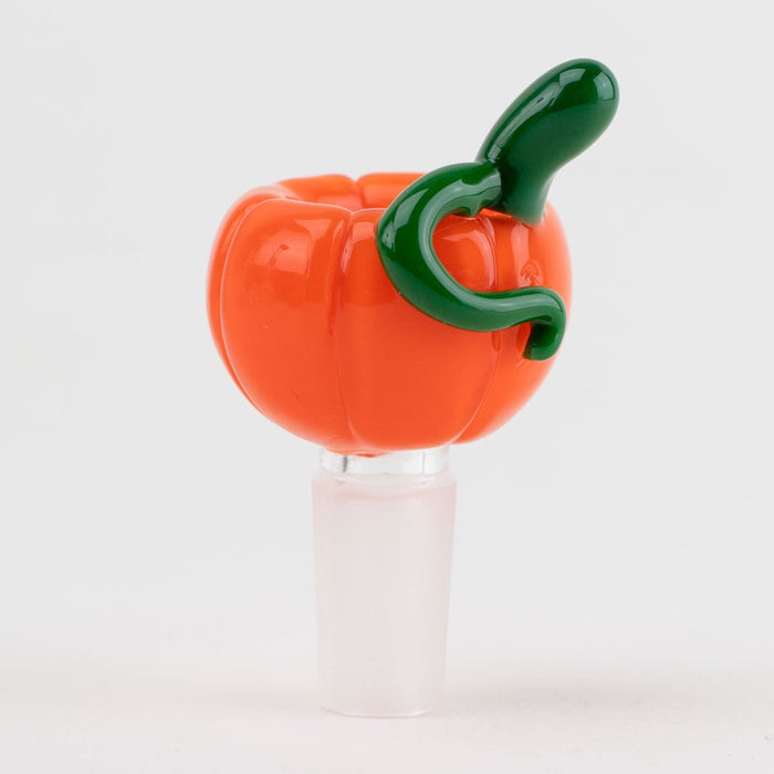 Pumpkin-shaped 14mm bowl piece with a green handle on a white background