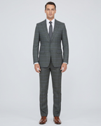 English Laundry Gray With Blue Windowpane Slim Fit Peak Lapel 2 Button Stretch Suit