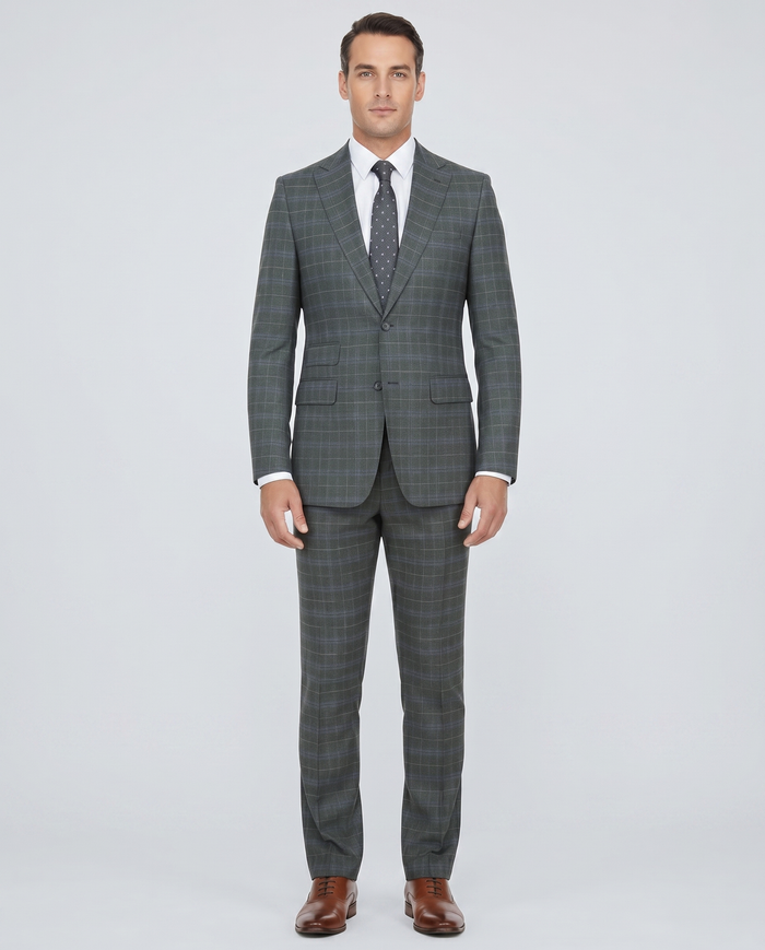 English Laundry Gray With Blue Windowpane Slim Fit Peak Lapel 2 Button Stretch Suit
