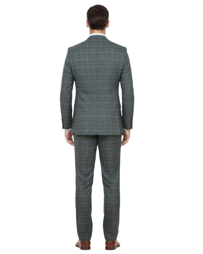 English Laundry Gray With Blue Windowpane Slim Fit Peak Lapel 2 Button Stretch Suit