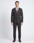 English Laundry Grey & Brown Windowpane Slim Fit Peak Lapel Two button Stretch Suit