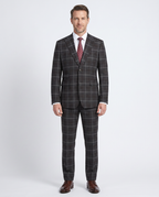 English Laundry Grey & Brown Windowpane Slim Fit Peak Lapel Two button Stretch Suit