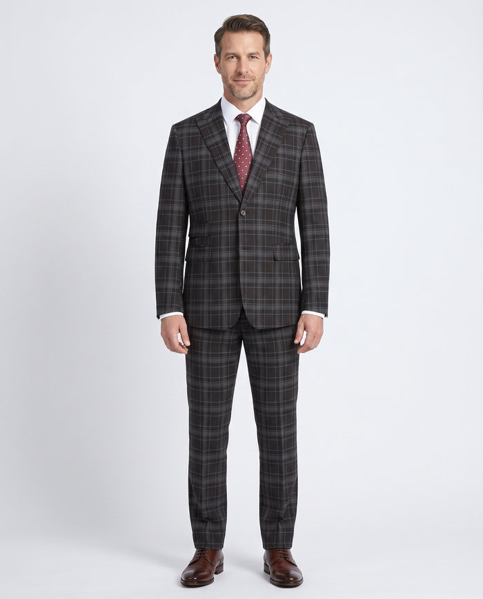 English Laundry Grey & Brown Windowpane Slim Fit Peak Lapel Two button Stretch Suit