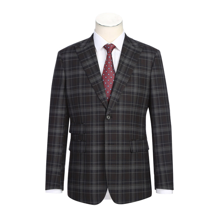 English Laundry Grey & Brown Windowpane Slim Fit Peak Lapel Two button Stretch Suit