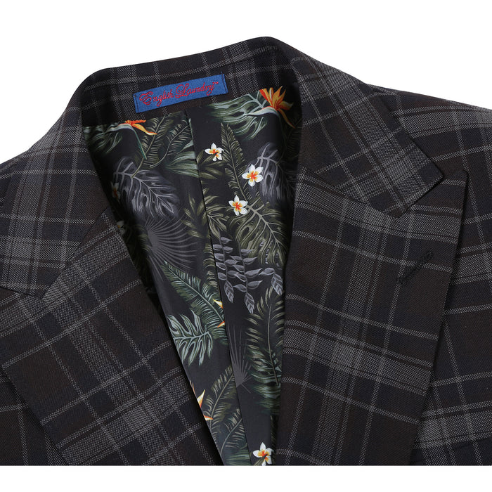 English Laundry Grey & Brown Windowpane Slim Fit Peak Lapel Two button Stretch Suit
