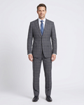 English Laundry Mens Gray & Blue Windowpane Slim Fit Notch Lapel 2 Button Stretch Suit