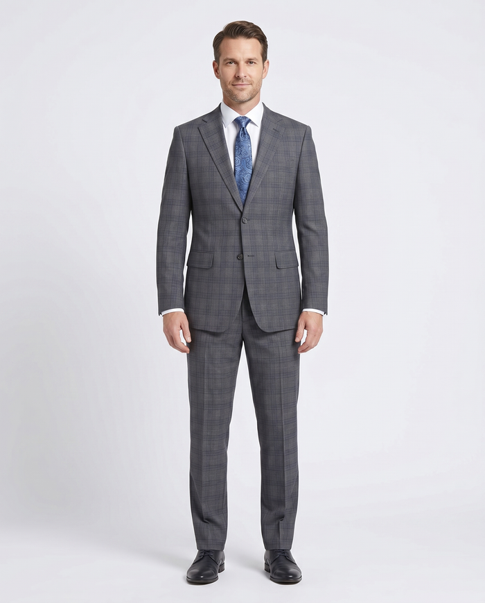 English Laundry Mens Gray & Blue Windowpane Slim Fit Notch Lapel 2 Button Stretch Suit