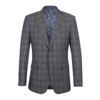 English Laundry Mens Gray & Blue Windowpane Slim Fit Notch Lapel 2 Button Stretch Suit
