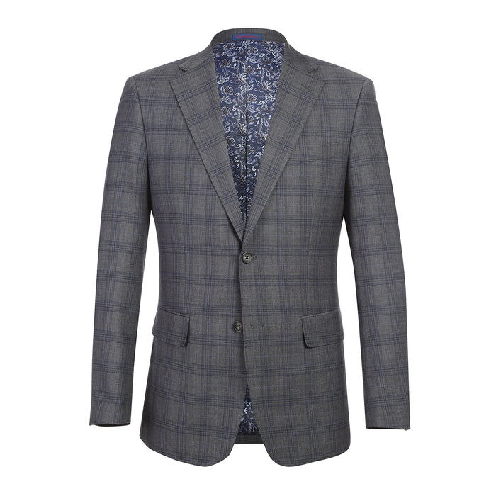 English Laundry Mens Gray & Blue Windowpane Slim Fit Notch Lapel 2 Button Stretch Suit