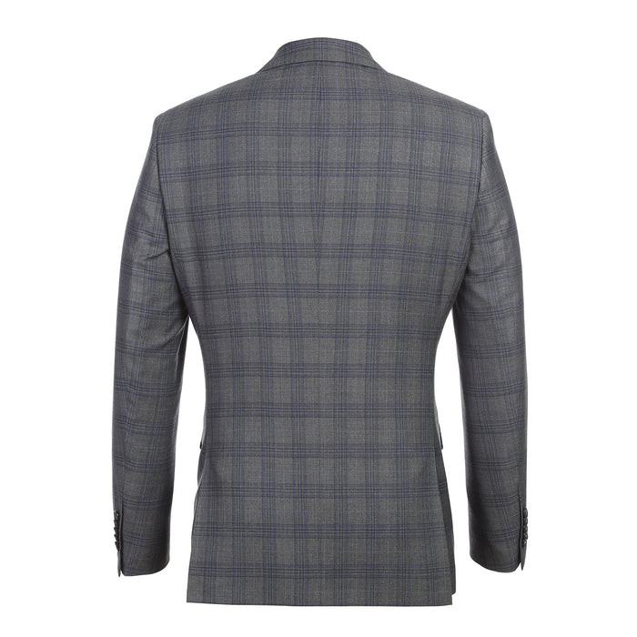 English Laundry Mens Gray & Blue Windowpane Slim Fit Notch Lapel 2 Button Stretch Suit