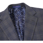 English Laundry Mens Gray & Blue Windowpane Slim Fit Notch Lapel 2 Button Stretch Suit