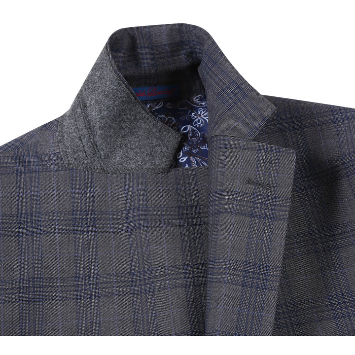 English Laundry Mens Gray & Blue Windowpane Slim Fit Notch Lapel 2 Button Stretch Suit