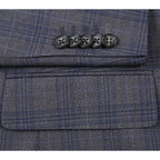 English Laundry Mens Gray & Blue Windowpane Slim Fit Notch Lapel 2 Button Stretch Suit