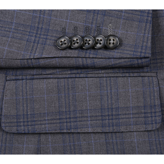 English Laundry Mens Gray & Blue Windowpane Slim Fit Notch Lapel 2 Button Stretch Suit