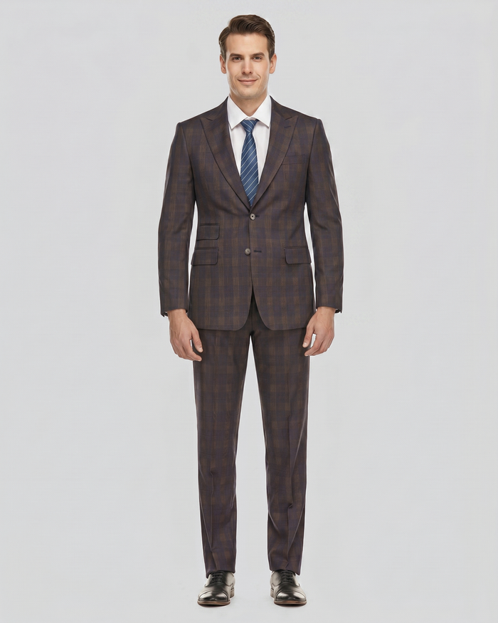 English Laundry Mens Plaid Navy With Brown Slim Fit Peak Lapel Stretch 2 Button Suit