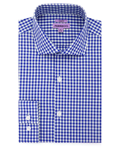 Ferrecci Blue and White Check Slim Fit Cutaway Collar Cotton Dress Shirt
