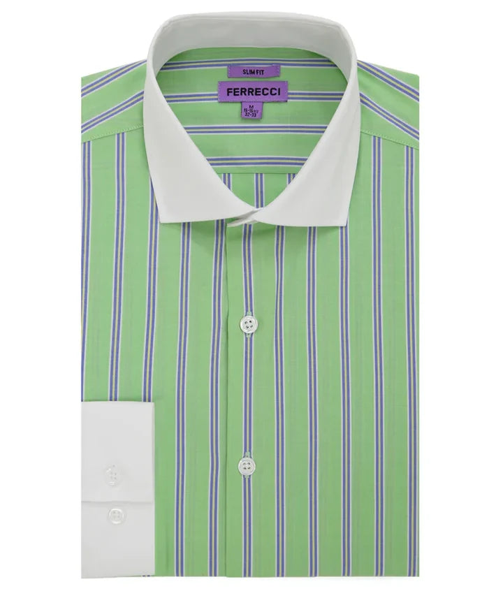 Ferrecci Green Striped Slim Fit Spread Collar Cotton Dress Shirt - The Suit Depot