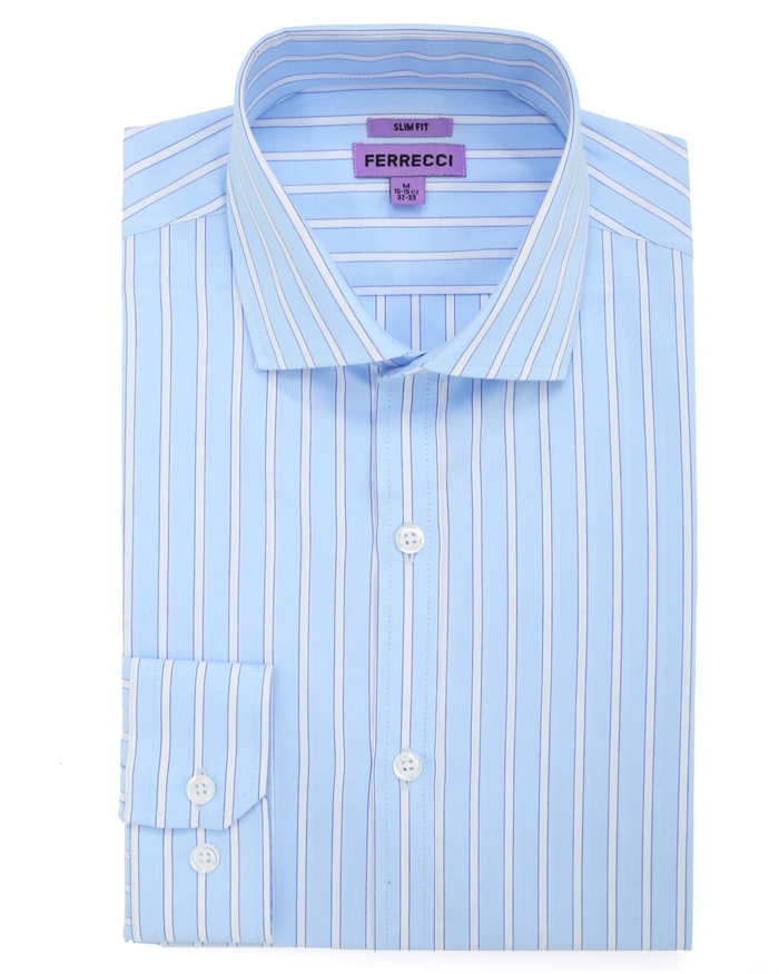 Ferrecci Light Blue Striped Slim Fit Cutaway Collar Cotton Dress Shirt - The Suit Depot