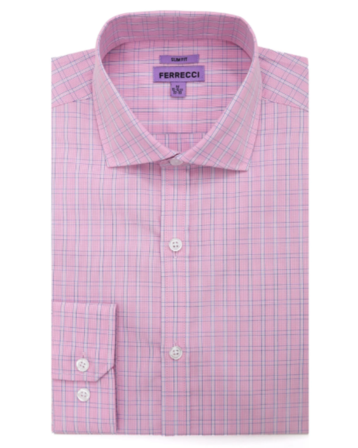 Ferrecci Pink Windowpane Check Slim Fit Cutaway Collar Cotton Dress Shirt - The Suit Depot