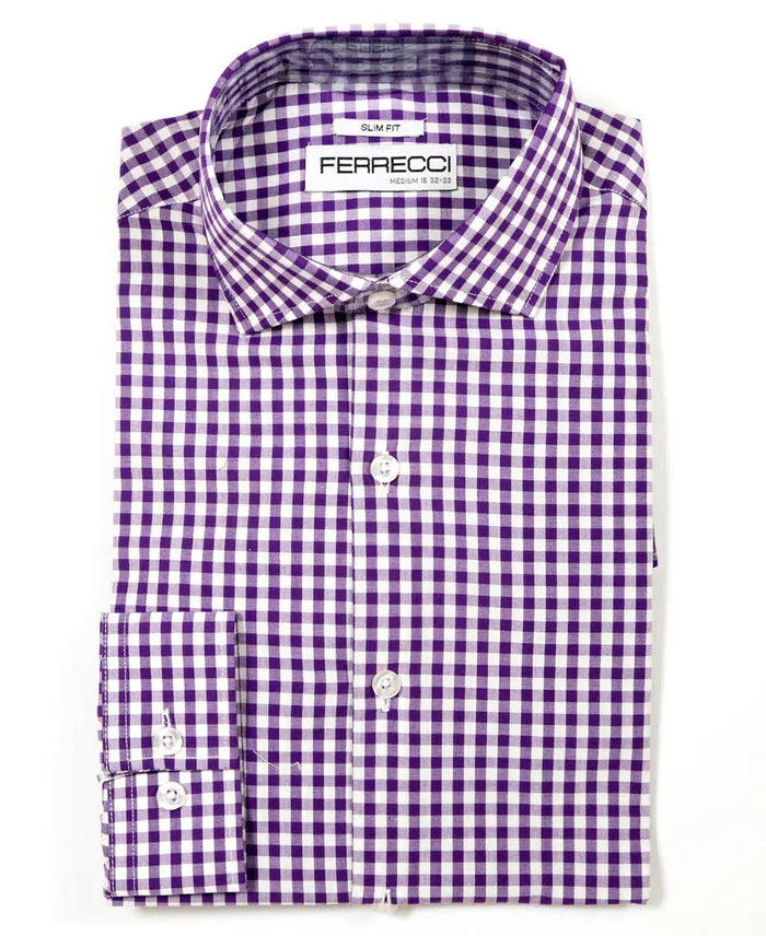 Ferrecci Purple and White Check Slim Fit Cutaway Collar Cotton Dress Shirt - The Suit Depot
