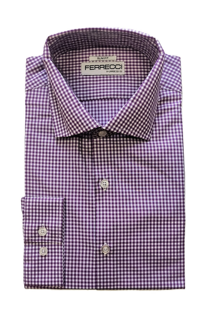 Ferrecci Purple and White Micro-Check Slim Fit Cutaway Collar Cotton Dress Shirt