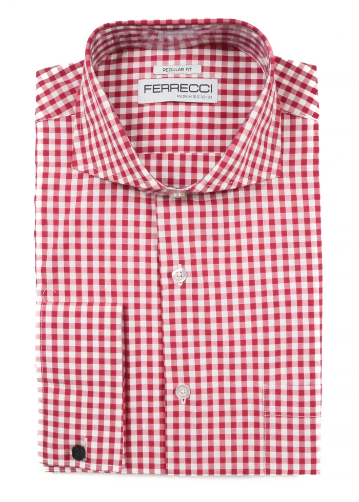 Ferrecci Red and White Check Regular Fit Cutaway Collar Cotton Dress Shirt - The Suit Depot