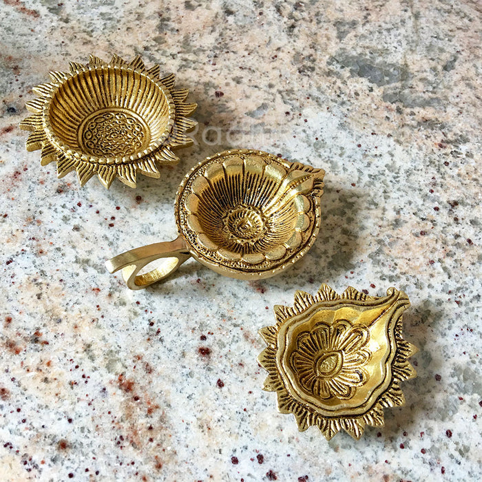 Festival Flower Petal Flower - Brass Ghee Lamp Diya - 3"inches Long
