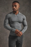 Fine Cable Knitted Polo Shirt in Grey Marl - TAILORED ATHLETE - USA