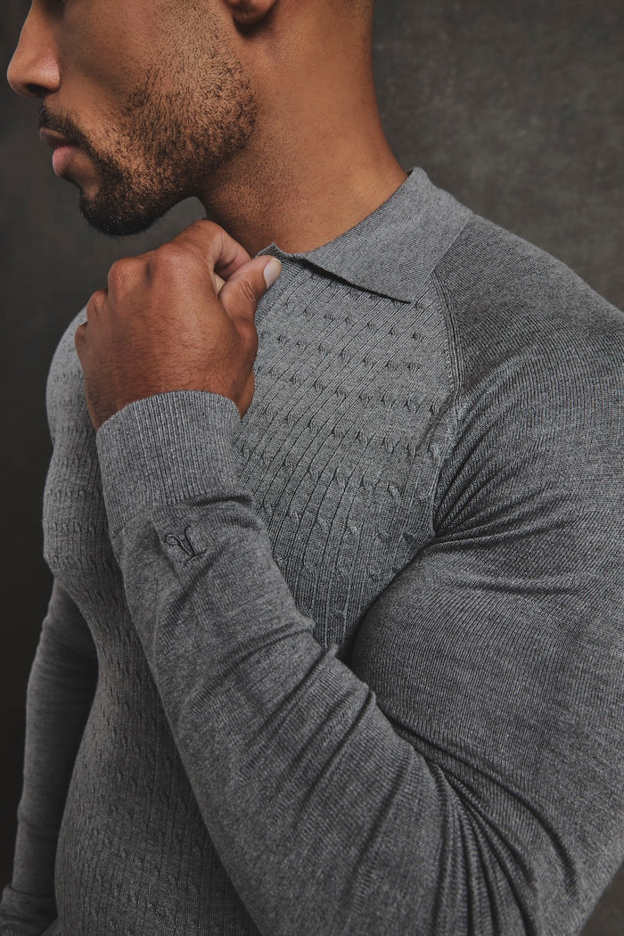 Fine Cable Knitted Polo Shirt in Grey Marl - TAILORED ATHLETE - USA