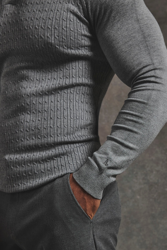 Fine Cable Knitted Polo Shirt in Grey Marl - TAILORED ATHLETE - USA