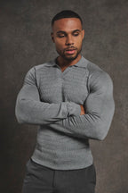 Fine Cable Knitted Polo Shirt in Grey Marl - TAILORED ATHLETE - USA