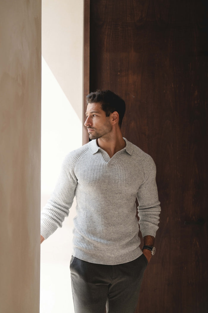 Fisherman Rib Open Collar Polo Shirt in Soft Grey Marl - TAILORED ATHLETE - USA