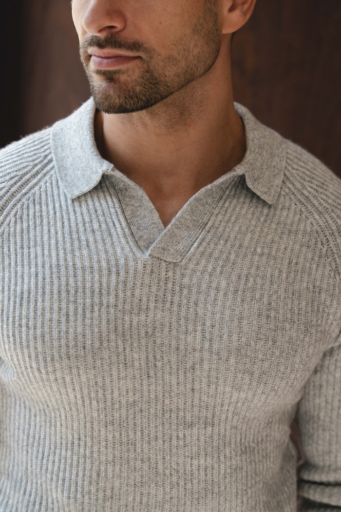 Fisherman Rib Open Collar Polo Shirt in Soft Grey Marl - TAILORED ATHLETE - USA