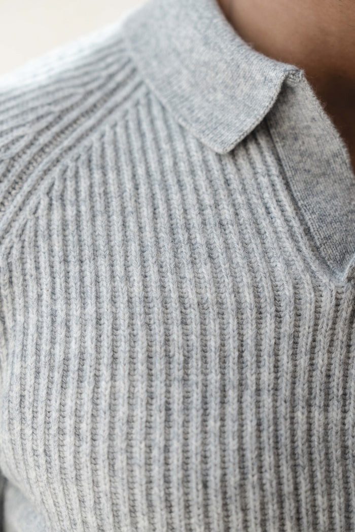 Fisherman Rib Open Collar Polo Shirt in Soft Grey Marl - TAILORED ATHLETE - USA