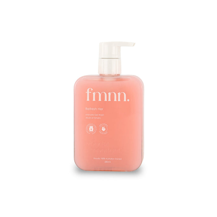 Pink bottle with pump labeled 'fmmn' on a white background