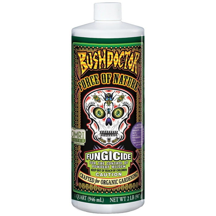 A bottle of FoxFarm Bush Doctor Force of Nature Fungicide with a label featuring a skull and green leaves, indicating it is an organic fungicide with 32 oz. concentration.