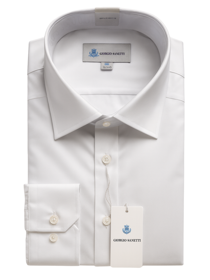 Giorgio Sanetti Solid White Barrel Cuff Spread Collar Bamboo Stretch Dress Shirt
