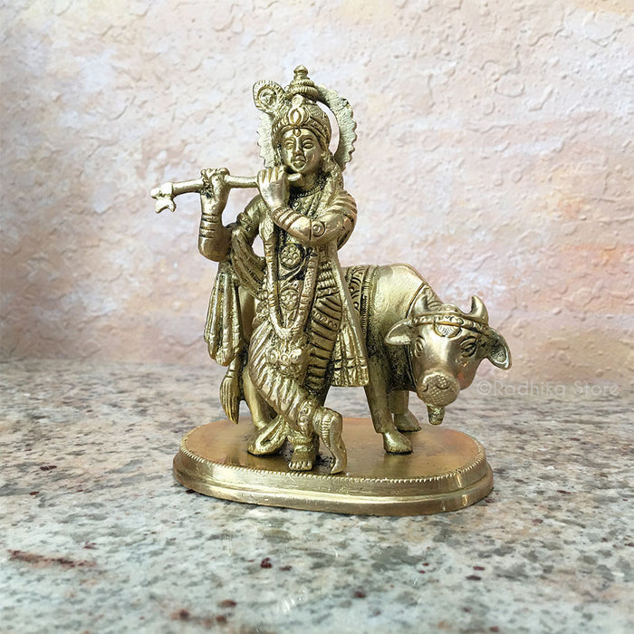 Govinda Krishna With Cow - Brass Murti - 4" Inch