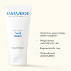 Santaverde Hand Cream 50 ml – ohne Duftstoffe für sensible Haut, Produktdarstellung mit USPs und Anwendungsvorteilen auf hellem Hintergrund