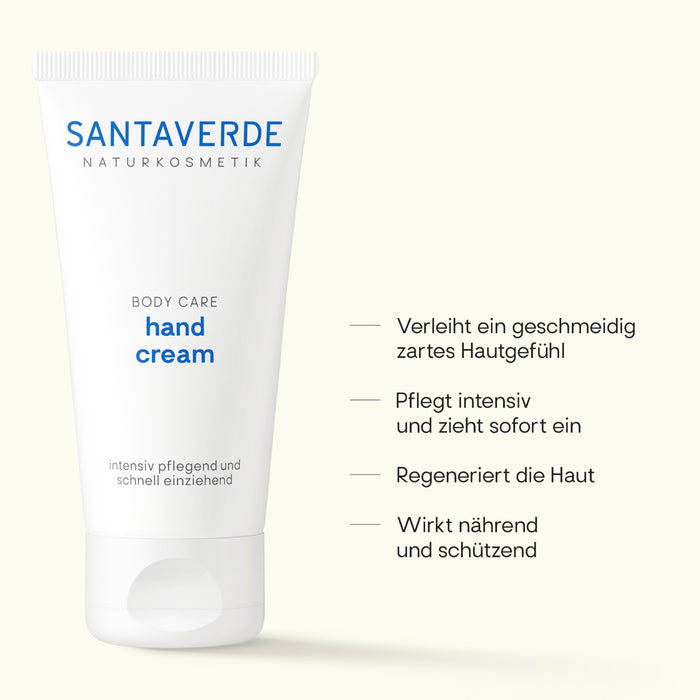Santaverde Hand Cream 50 ml – ohne Duftstoffe für sensible Haut, Produktdarstellung mit USPs und Anwendungsvorteilen auf hellem Hintergrund