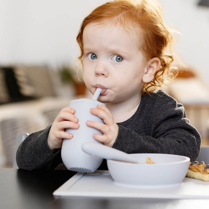 Happy Cup and Straw in Pewter / Silicone Cup with Lid and Straw for Toddlers by ezpz #color_pewter